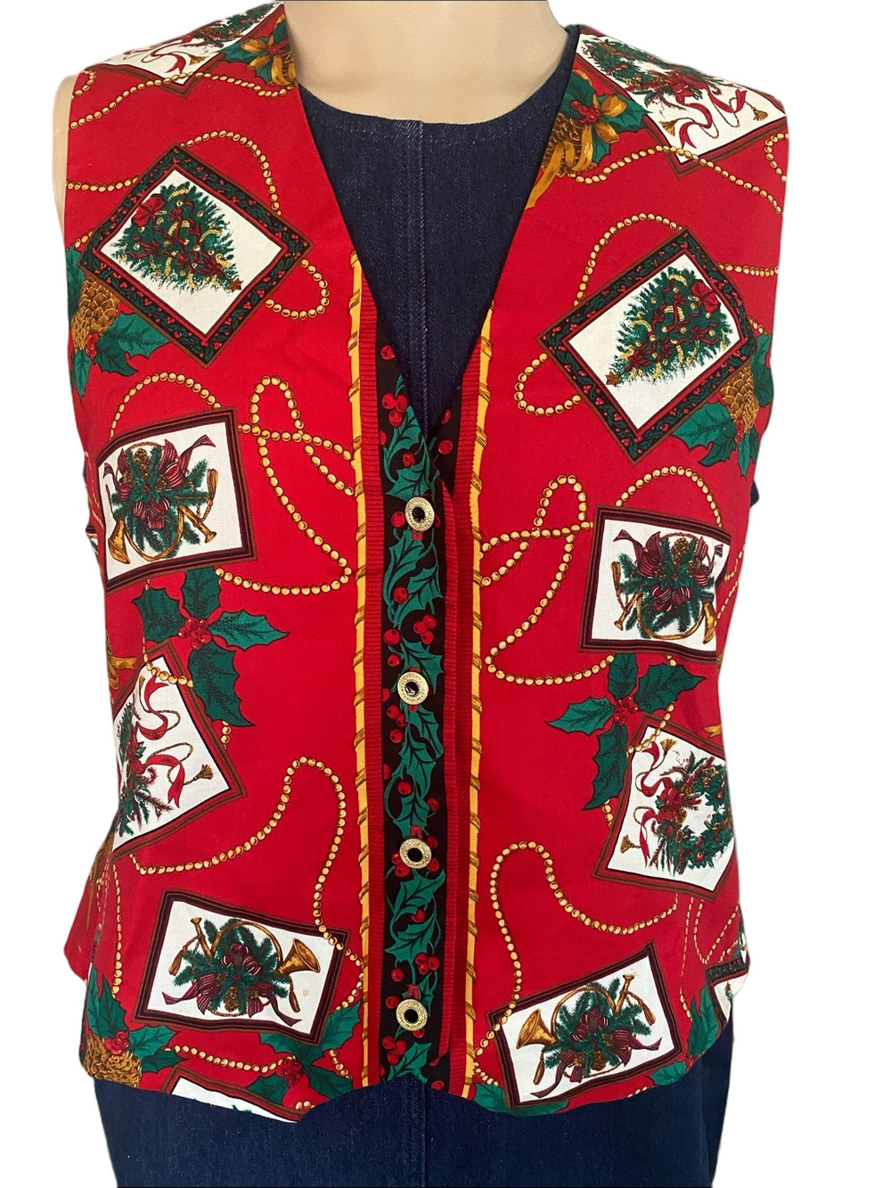 Talbots Red Holiday Print Vest with Green Accents